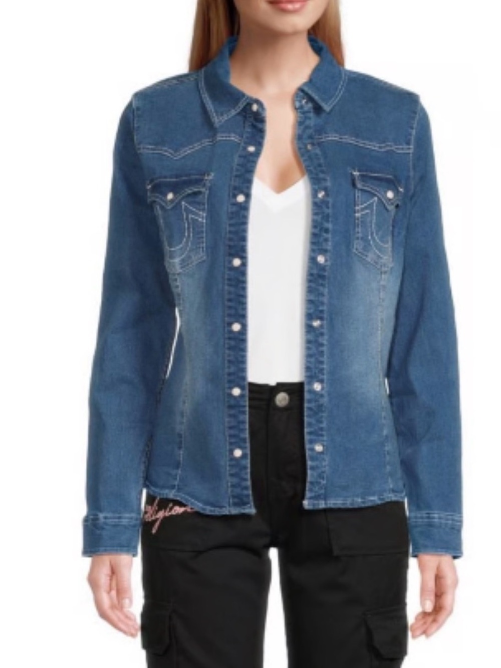 TRUE RELIGION WOMEN'S WESTERN DENIM SHIRT LARGE NEW - Picture 3 of 16